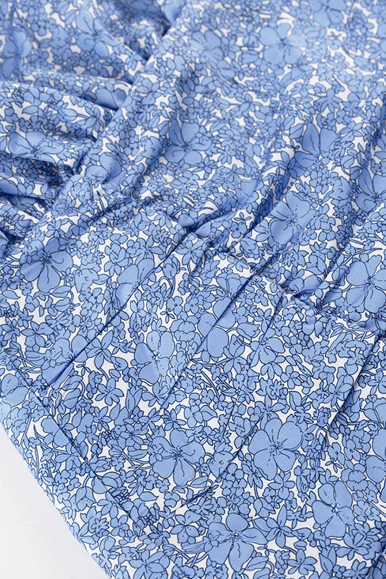 Blue Puff Sleeve Gathered Ruffle Floral Dress