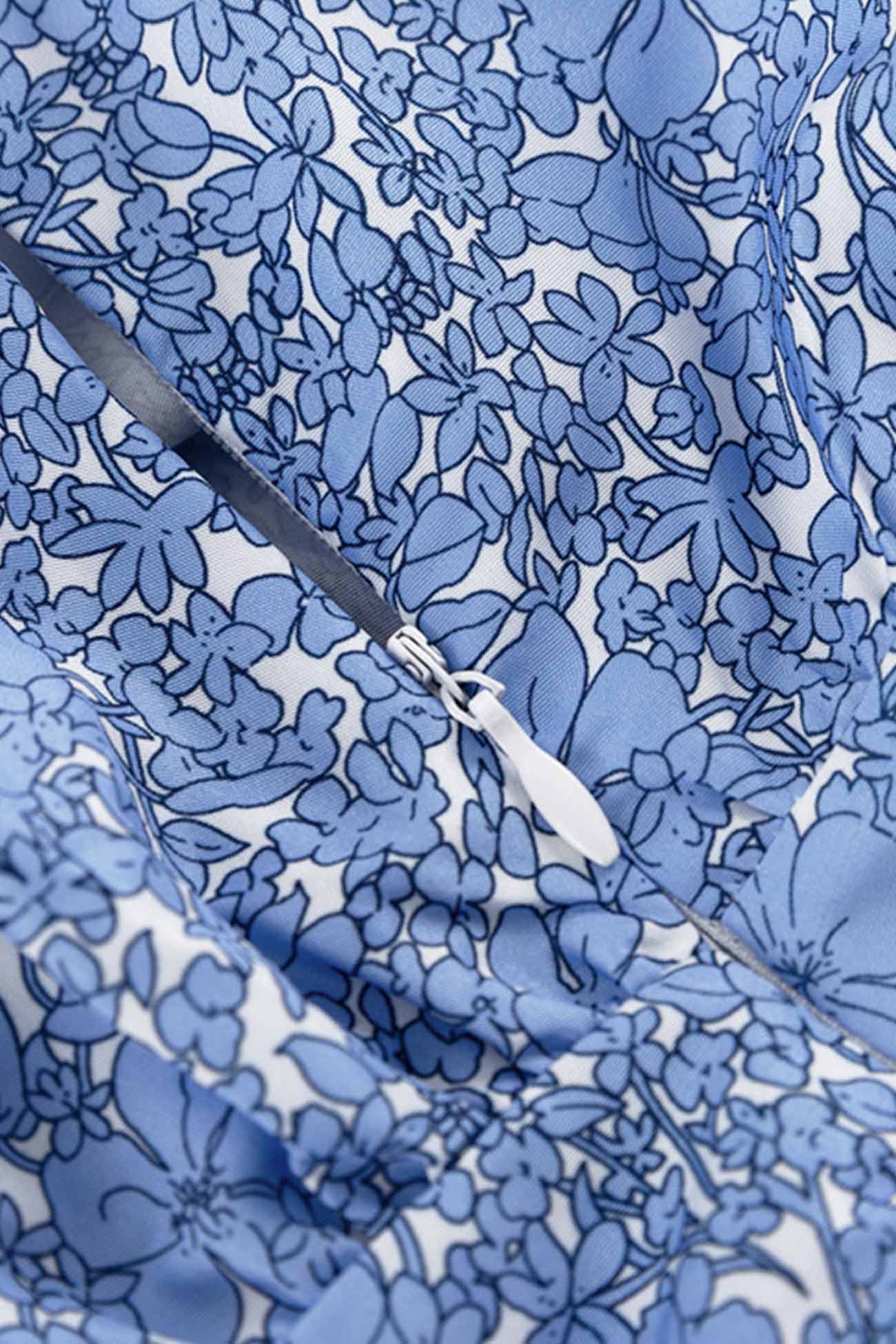 Blue Puff Sleeve Gathered Ruffle Floral Dress