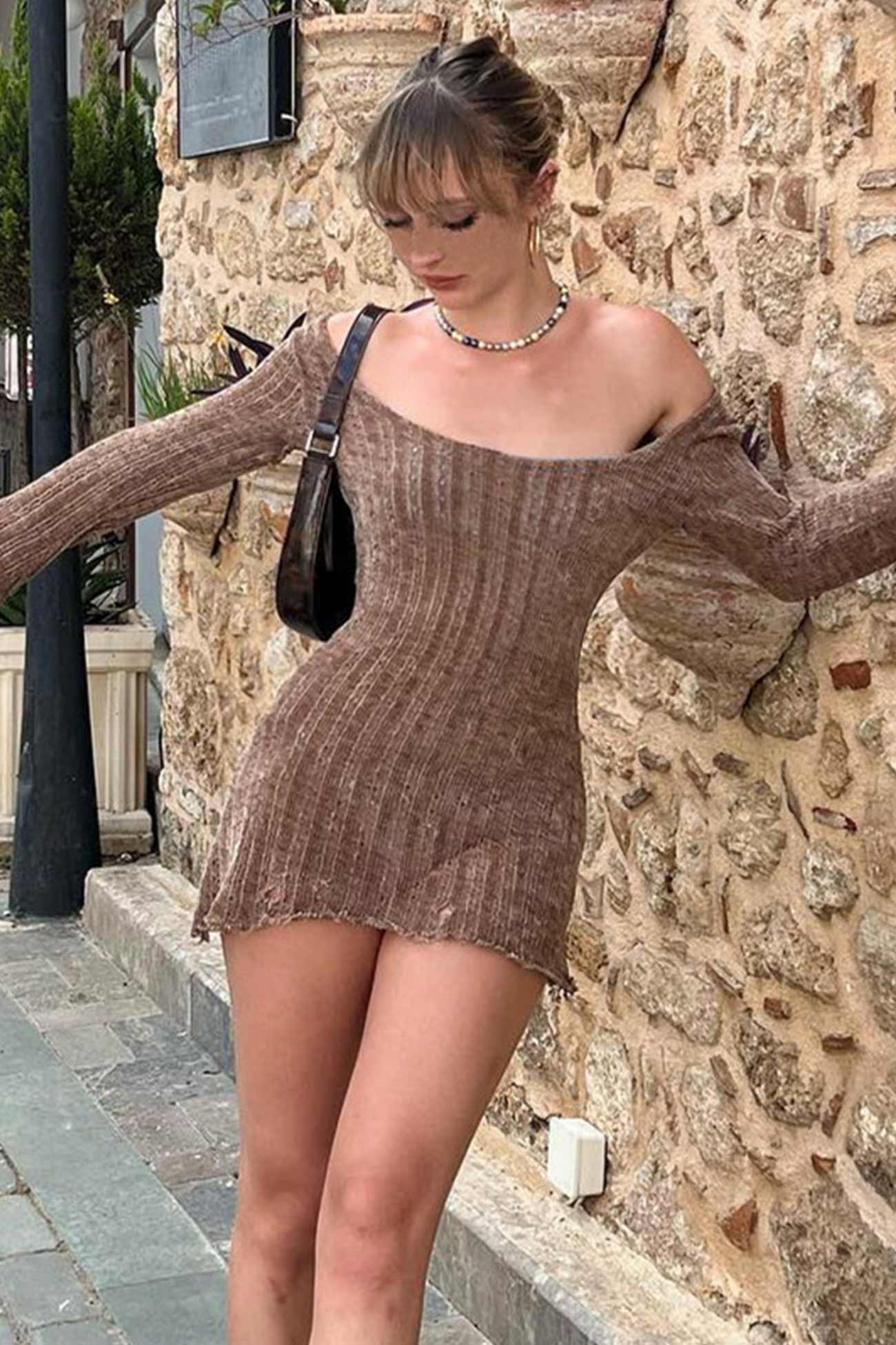 Brown Off Shoulder Mini Dress