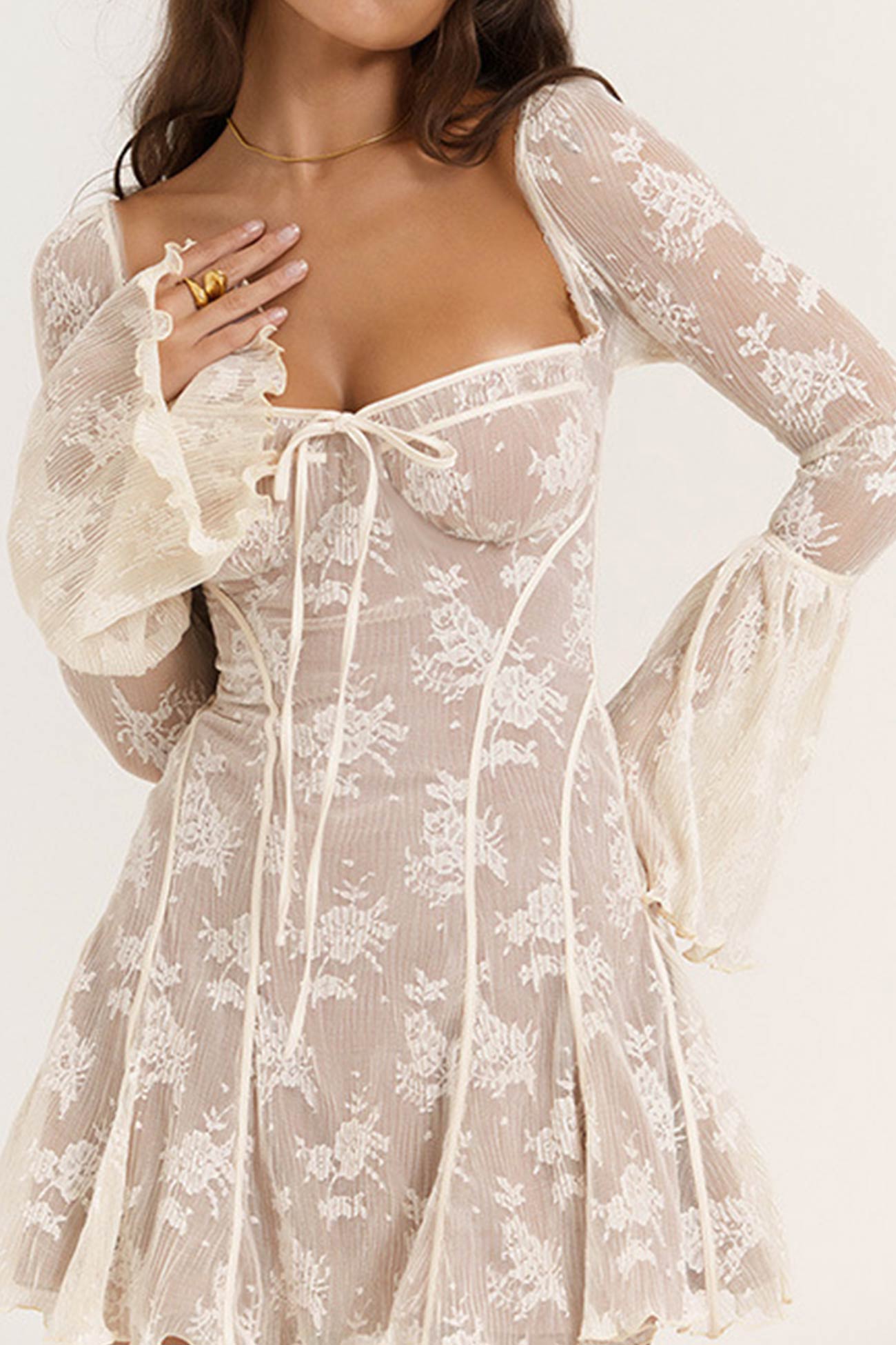 Lace Low Cut Flares Sleeve A-line Dress