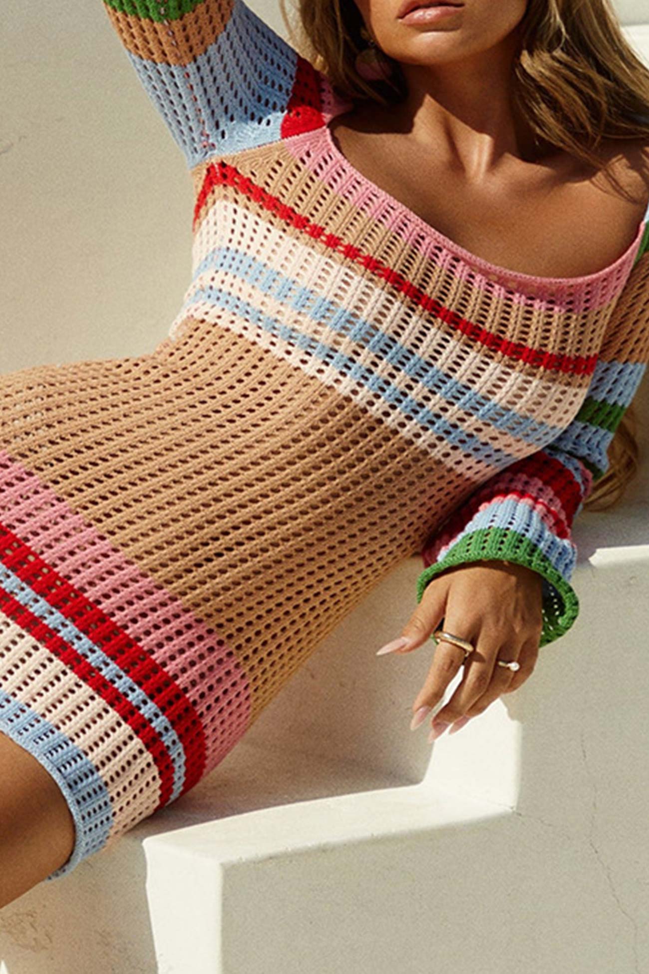 Multi-color Contrast Hollow Out Knit Dress