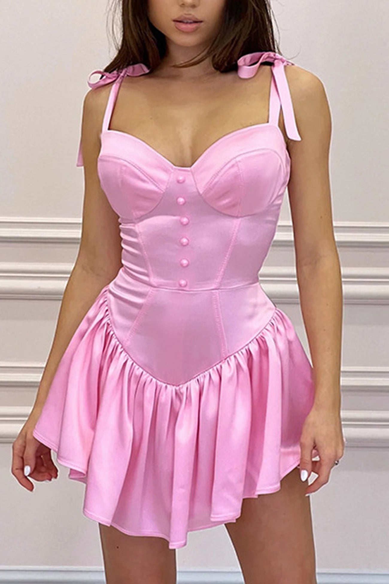 Pink Tie-straps Corset Ruched Dress