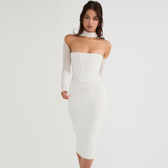 Sexy Cut Out Long Sleeve Mesh Bodycon Cocktail Midi Dress - White