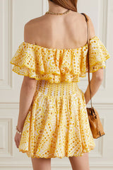 Tiered Off Shoulder Broderie Anglaise Ruffle Mini Dress - Yellow