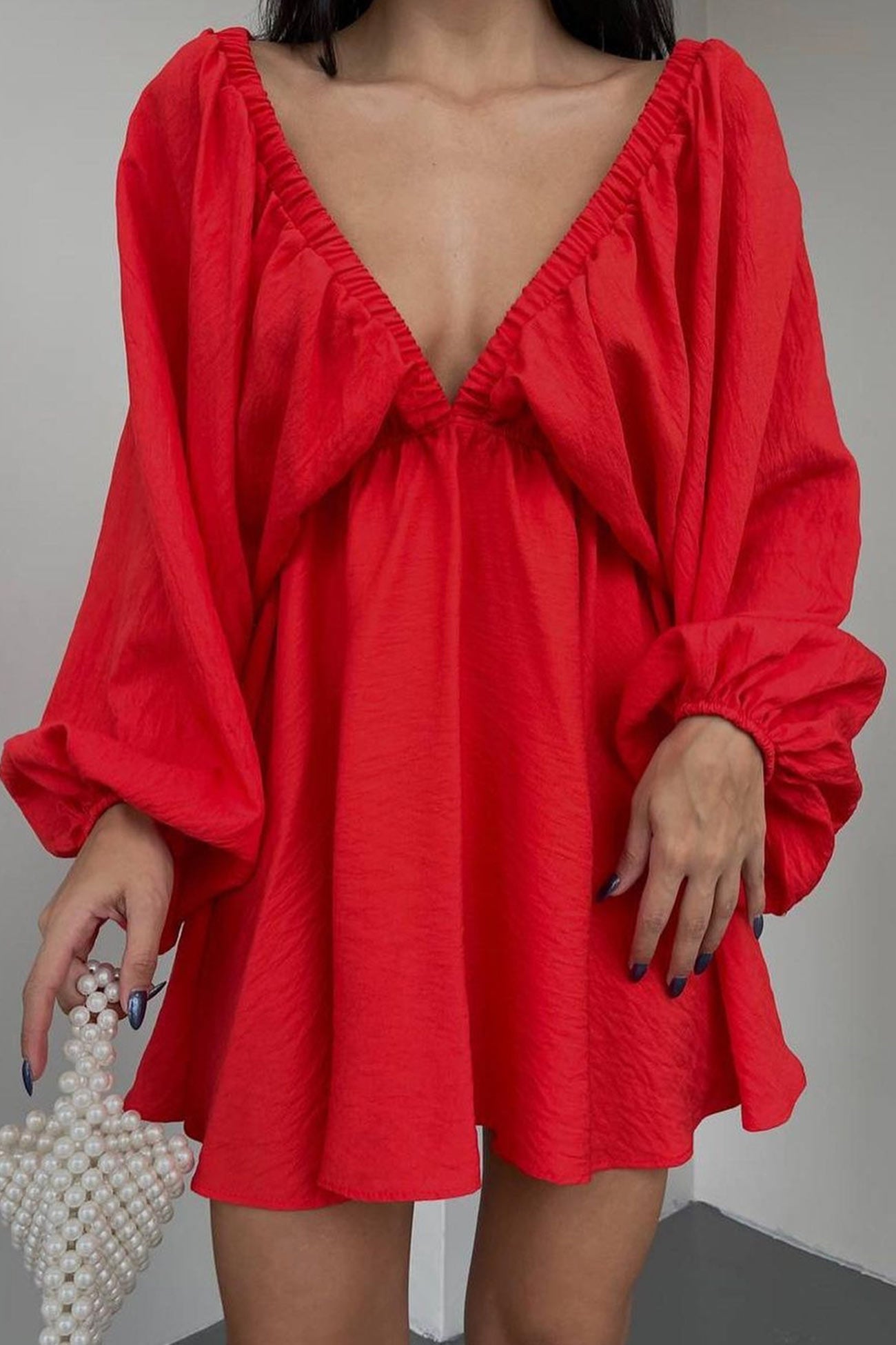 V Neck Puff Sleeve Ruched Dress