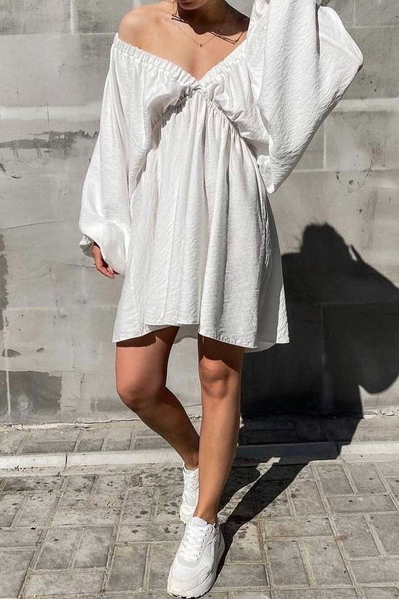 V Neck Puff Sleeve Ruched Dress