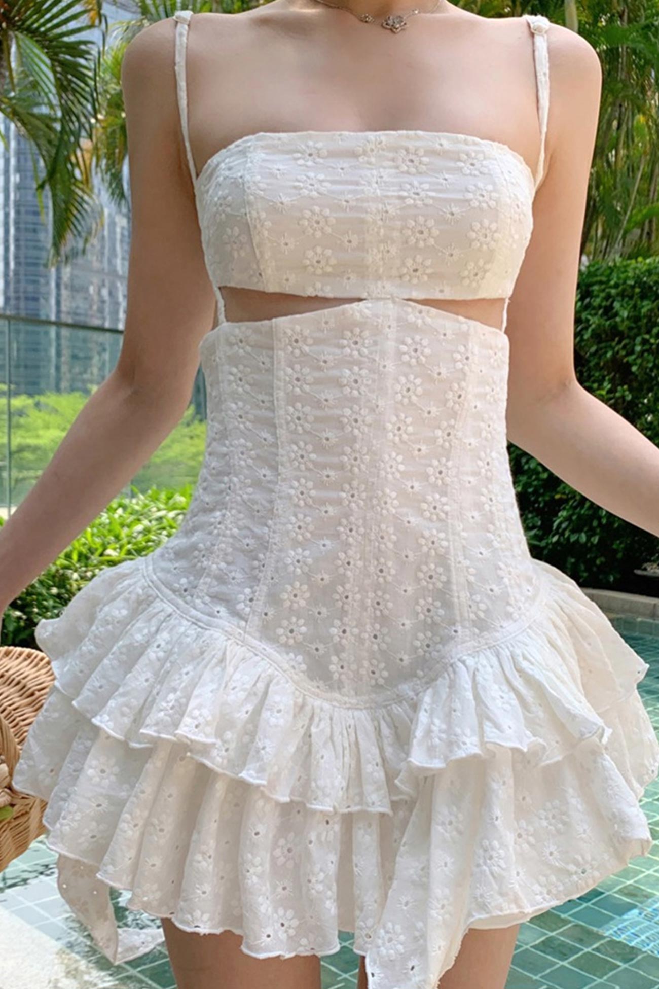White Jacquard Cutout Ruffle Dress