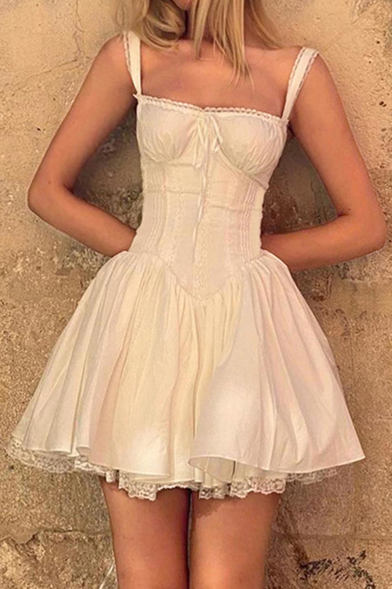 White Lace Stitching Strappy Ruched Cami Dress