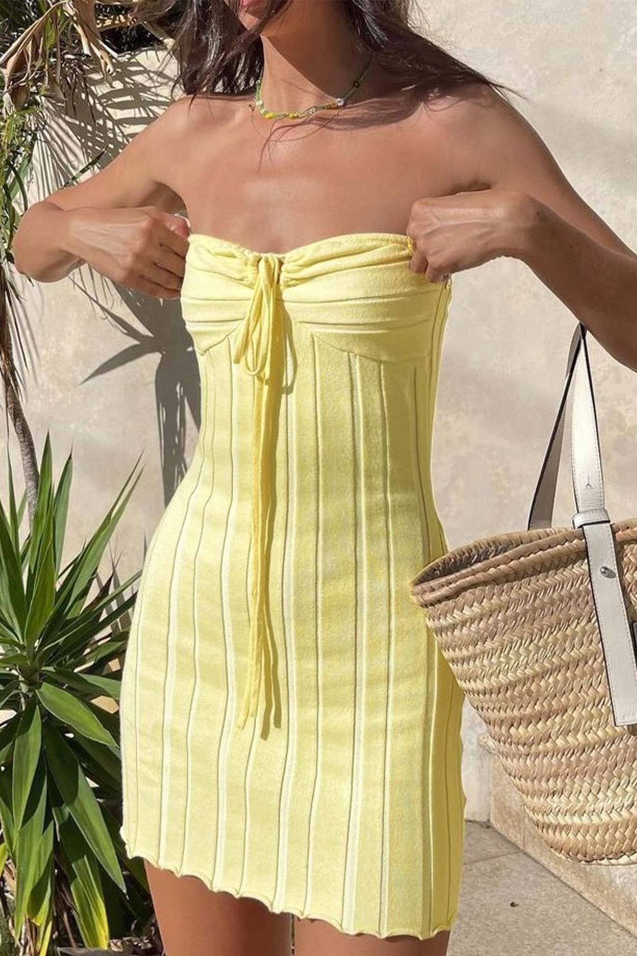 Yellow Strapless Lace Up Knitted Dress