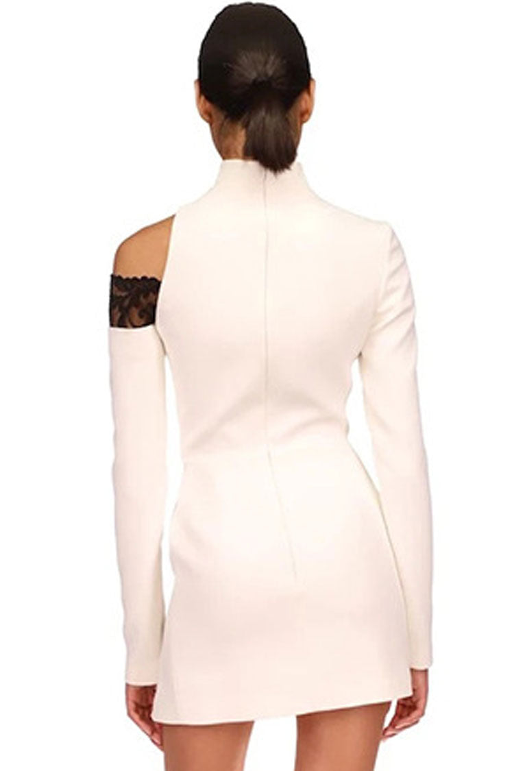 Asymmetric High Neck Lace Trim Cutout Long Sleeve Bandage Mini Dress - White
