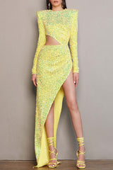 Asymmetrical Split Side Cutout Long Sleeve Velvet Sequin Dress - Yellow