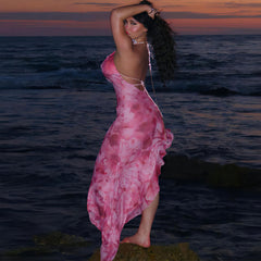 Beach Vacation Tie Dye Print Ruffle Trim Halter Backless Maxi Dress - Pink