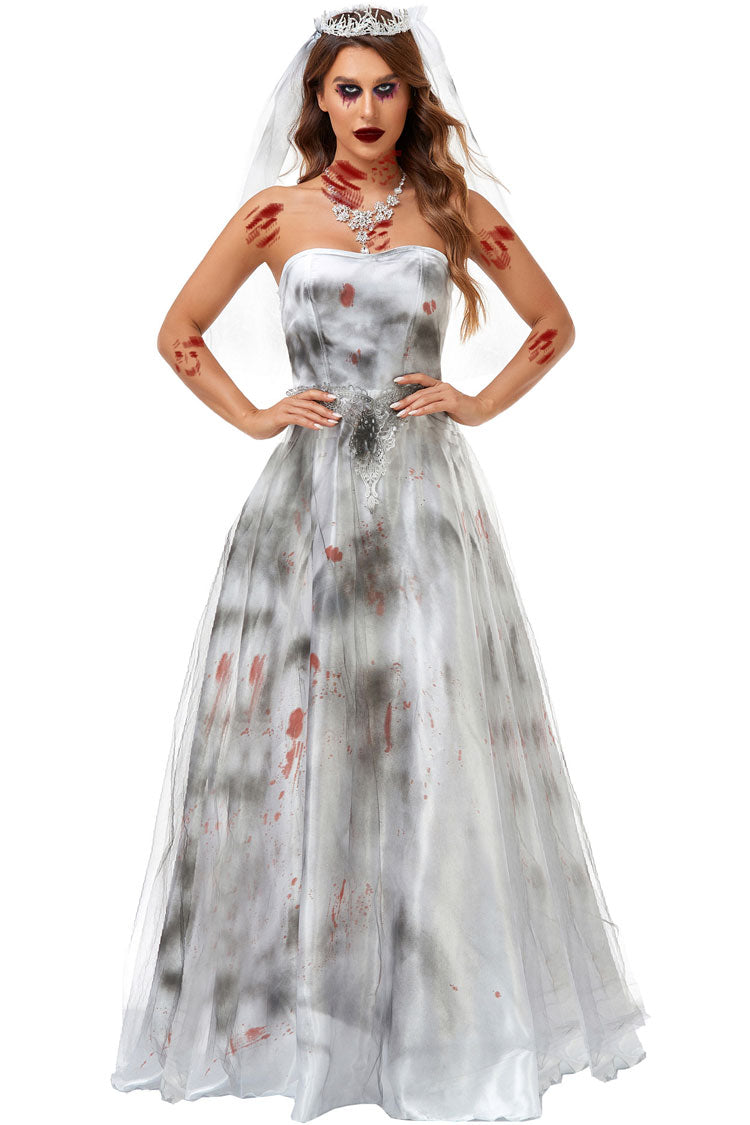 Bloody zombie Bride Halloween Tie Dye Mesh Satin Strapless Maxi Dress - White