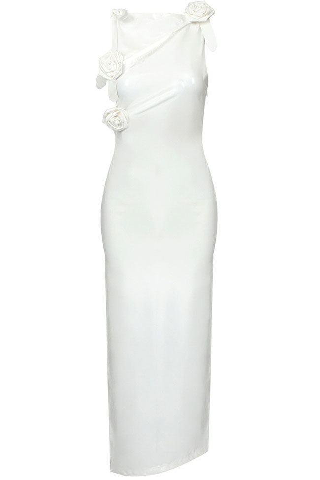Chic Rosette Corsage Split Sleeveless Vegan Leather Midi Dress - White