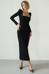 Chic Square Neck Padded Long Sleeve Cocktail Party Midi Dress - Black