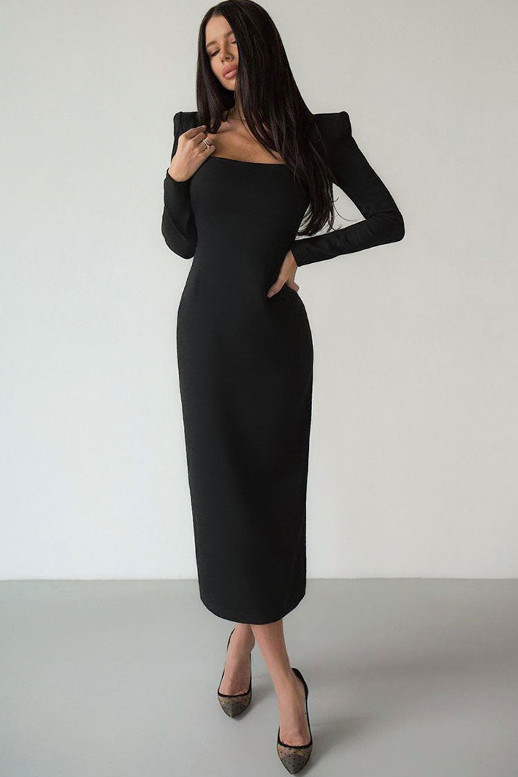 Chic Square Neck Padded Long Sleeve Cocktail Party Midi Dress - Black