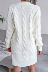 Classic Long Sleeve Winter Cable Knit Pullover Sweater Mini Dress - White