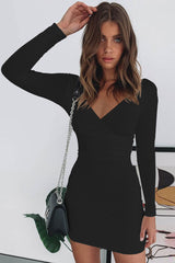 Cozy Long Sleeve V Neck Ruched Bodycon Mini Dress - Black