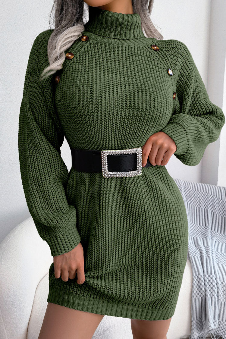 Cozy Winter Button Trim Ribbed Turtleneck Sweater Mini Dress - Army Green