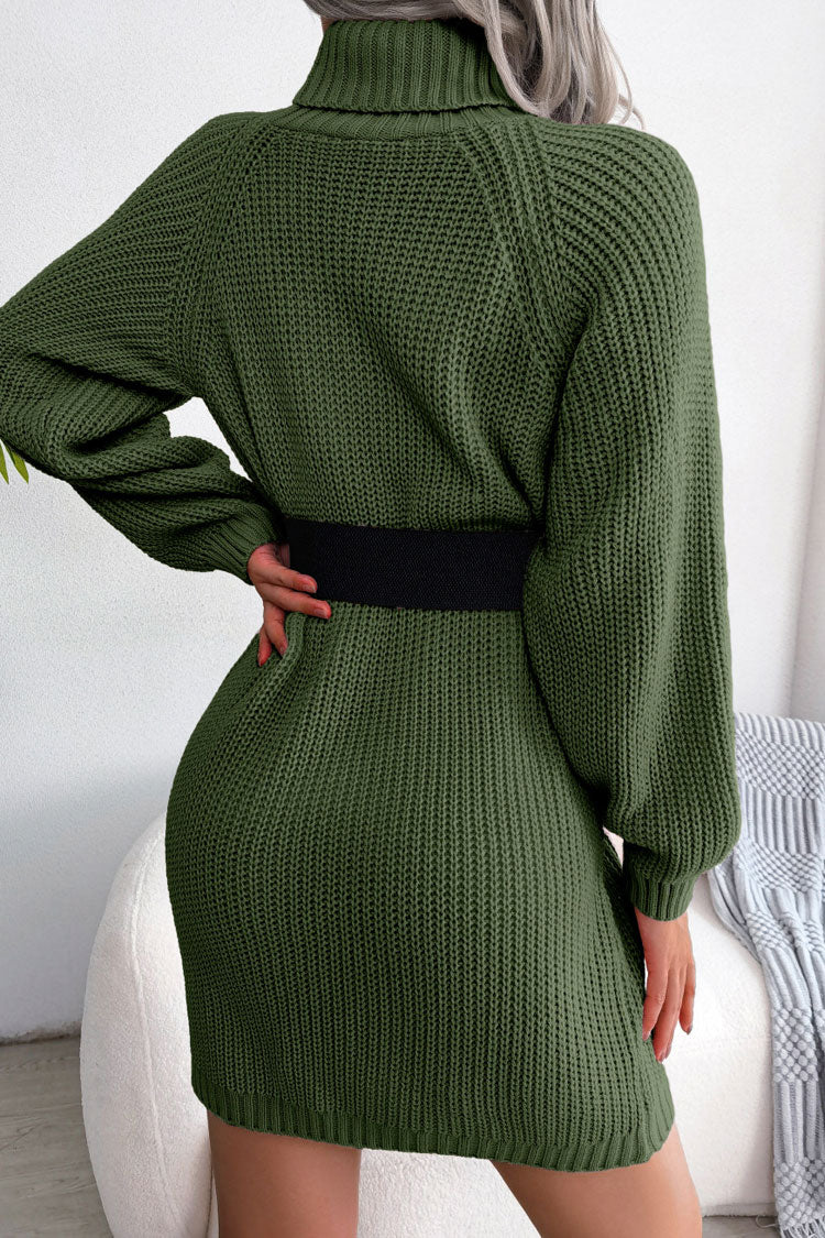 Cozy Winter Button Trim Ribbed Turtleneck Sweater Mini Dress - Army Green