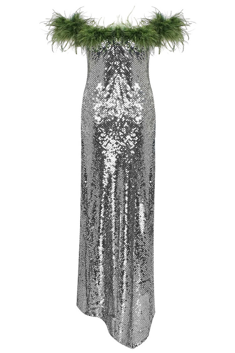 Fantastic Feather Trim Off Shoulder Asymmetric Mermaid Sequin Dress - Silver