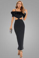 Feather Trim Off Shoulder Cutout Evening Maxi Dress - Black