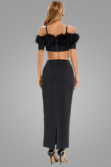 Feather Trim Off Shoulder Cutout Evening Maxi Dress - Black