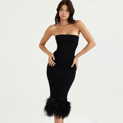 French Style Feather Cocktail Strapless Corset Midi Dress - Black