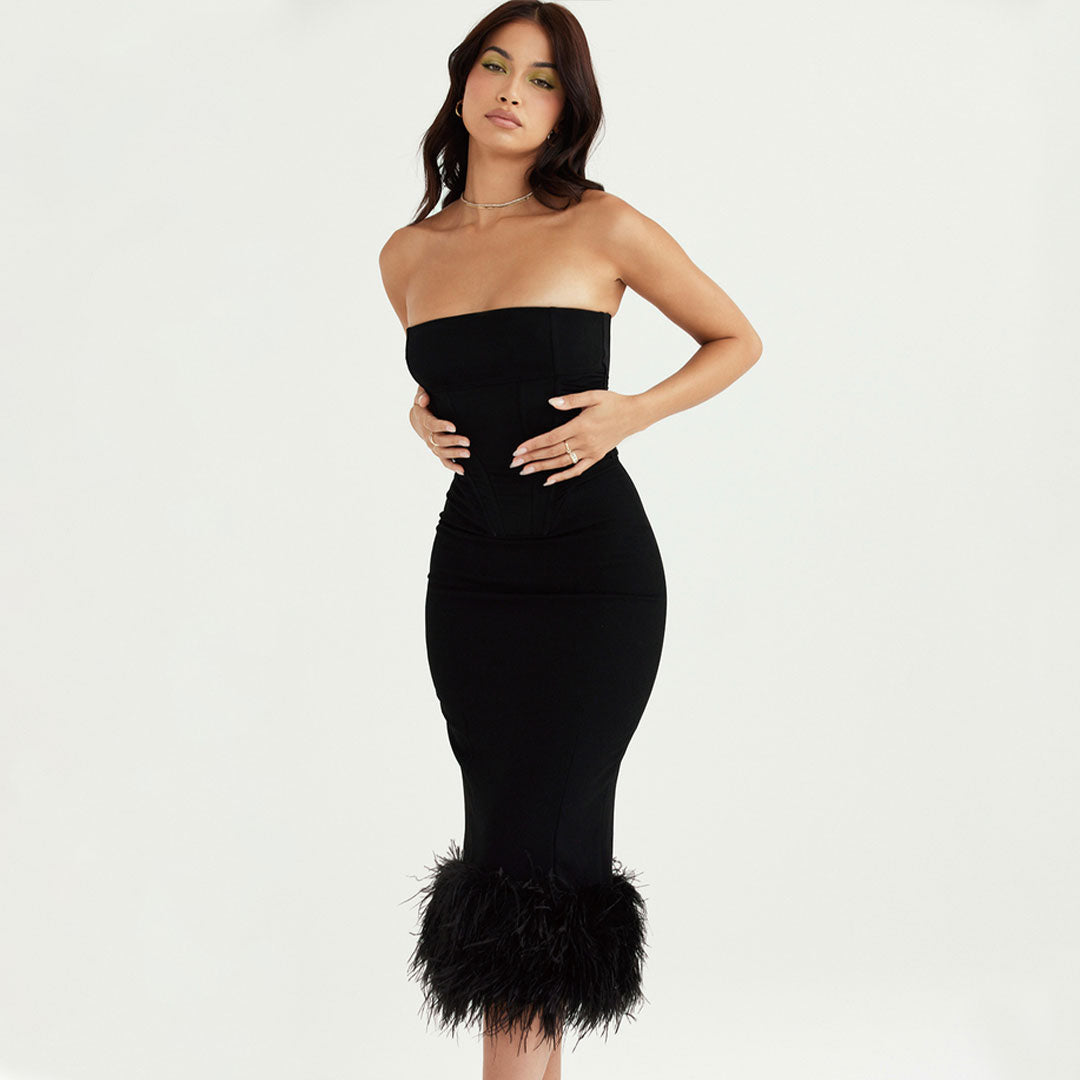French Style Feather Cocktail Strapless Corset Midi Dress - Black