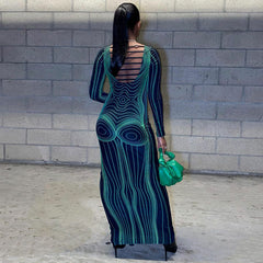 Futuristic Body Print Cut Out Long Sleeve Party Maxi Dress - Green