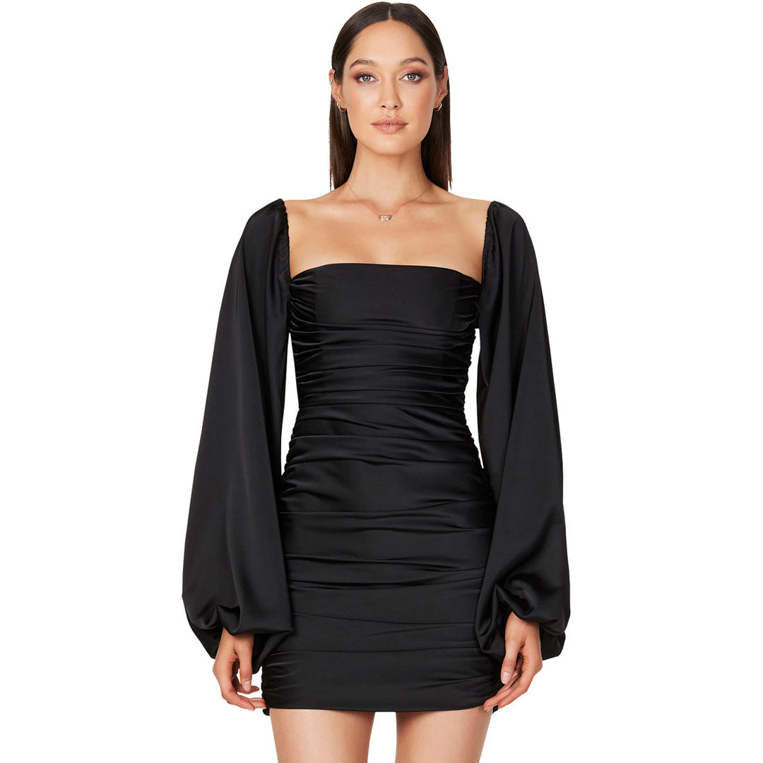 Glossy Satin Square Neck Bishop Sleeve Ruched Bodycon Mini Dress - Black