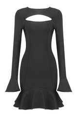 Long Sleeve Cutout Front Ruffle Hem Bandage Mini Dress - Black