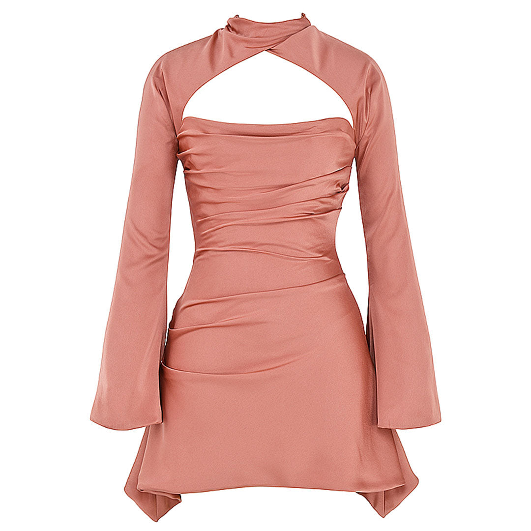 Luxury High Neck Cut Out Long Sleeve Draped Satin Mini Dress - Pink