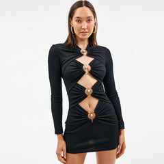 Metallic Ruched Trim Cut Out Long Sleeve Bandage Party Mini Dress - Black