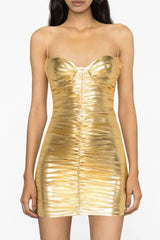 Metallic Sweetheart Ruched Bodycon Sleeveless Party Mini Dress - Gold
