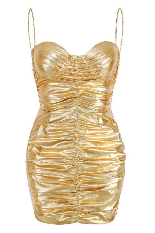 Metallic Sweetheart Ruched Bodycon Sleeveless Party Mini Dress - Gold