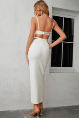 Radiant Sequin V Neck O Ring Cut Out Bodycon Bandage Evening Maxi Dress - White