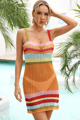 Rainbow Striped Open Knit Crochet Beach Vacation Mini Sundress - Orange