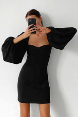 Romantic Sweetheart Neck Bishop Sleeve Bodycon Party Mini Dress - Black