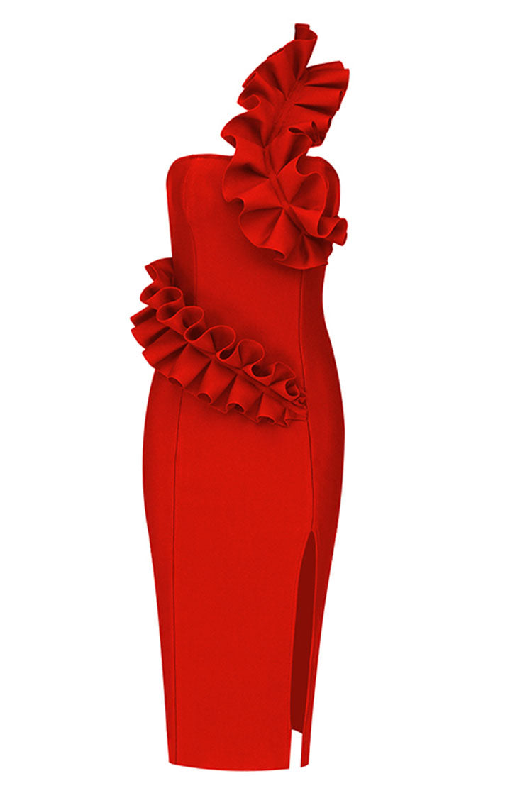Ruffle One Shoulder Bandage Cocktail Party Midi Dress - Red