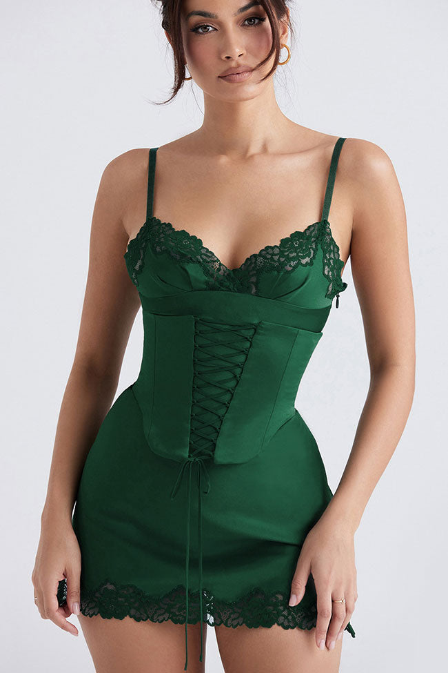 Sexy Club Lace Up Belt V Neck Lace Satin Slip Mini Dress - Emerald Green