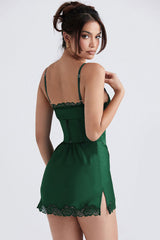 Sexy Club Lace Up Belt V Neck Lace Satin Slip Mini Dress - Emerald Green