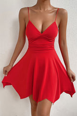 Sexy Deep V Ruched Side Flowy Fit & Flare Asymmetrical Party Mini Dress - Red