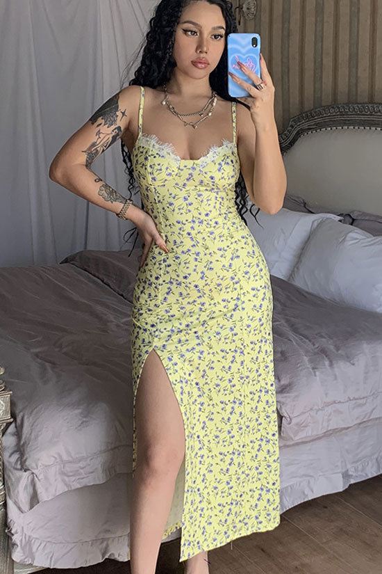 Sexy Eyelash Sweetheart Spaghetti Strap High Split Summer Floral Midi Sundress - Yellow