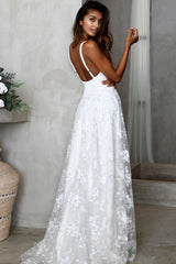 Sexy Lace Applique High Slit A-Line Maxi Beach Wedding Dress - White