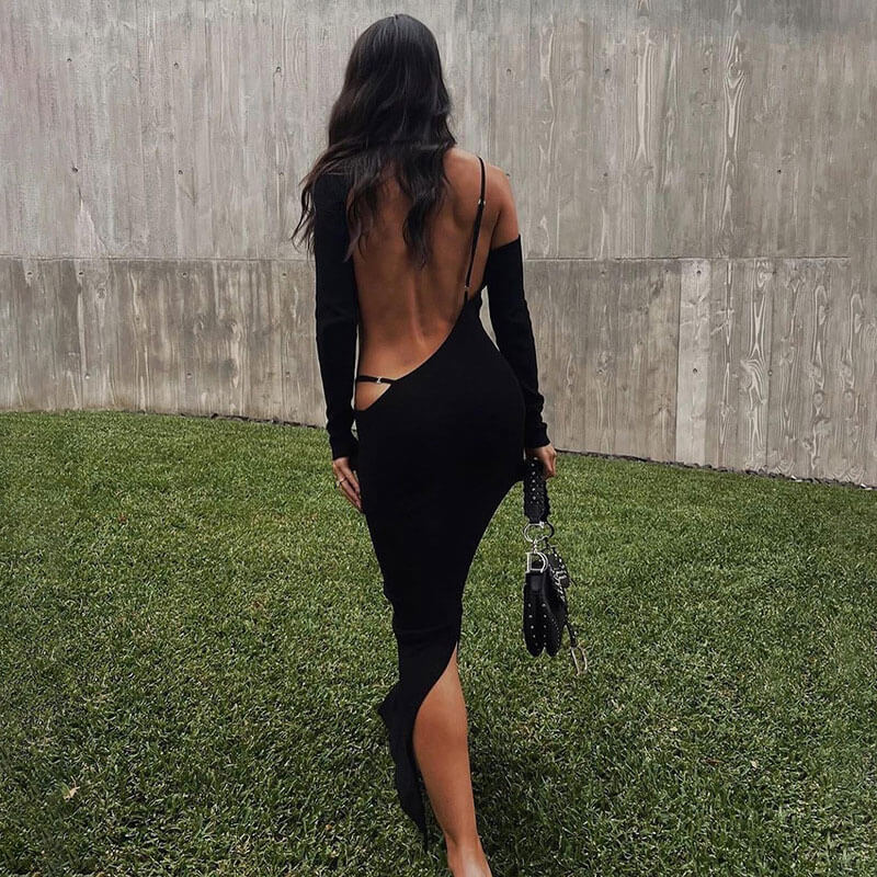Sexy Ribbed Solid Color Cut Out Long Sleeve Backless Maxi Dress - Black