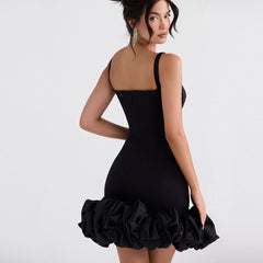 Sexy Ruffle Hem Square Neck Sleeveless Bodycon Party Mini Dress - Black