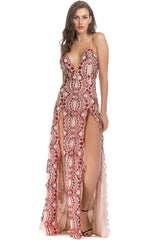 Sexy Scalloped Deep V High Split Sequin Lace Evening Maxi Dress - Red