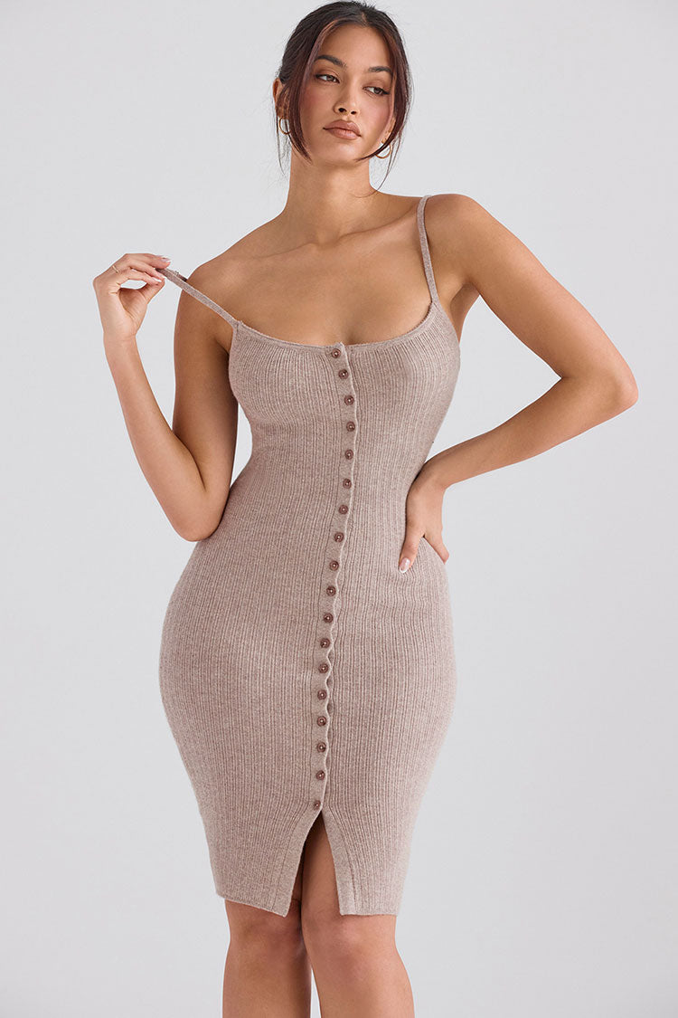 Sexy Scoop Neck Spaghetti Strap Button Down Sleeveless Knitted Midi Dress - Camel