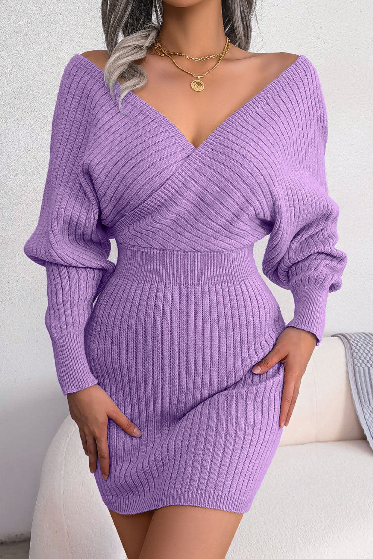 Sexy Winter Wrap V Neck Rib Knit Sweater Mini Dress - Purple